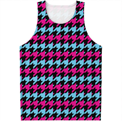 Pink Blue And Black Houndstooth Print Men's Tank Top