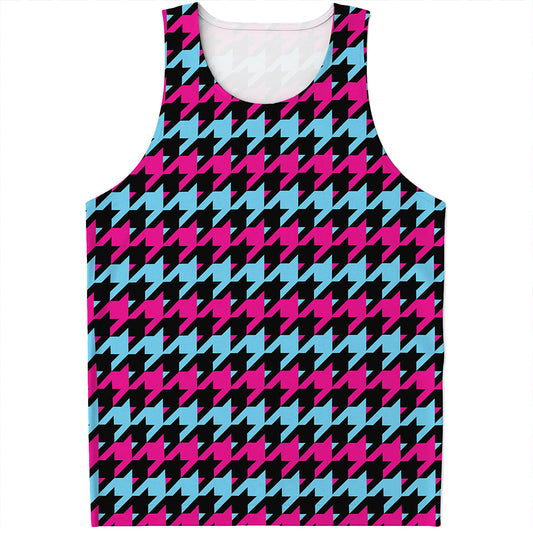Pink Blue And Black Houndstooth Print Men's Tank Top