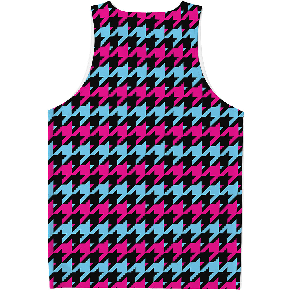 Pink Blue And Black Houndstooth Print Men's Tank Top