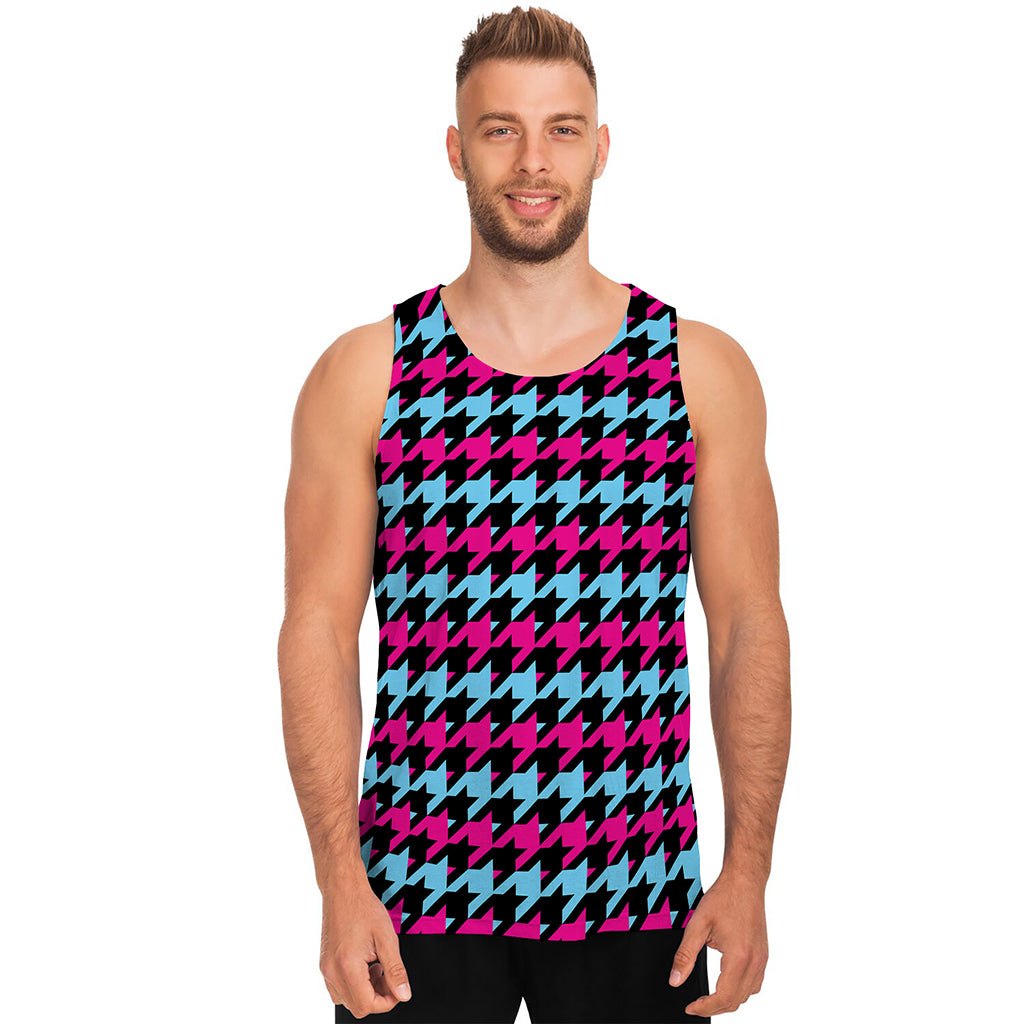 Pink Blue And Black Houndstooth Print Men's Tank Top