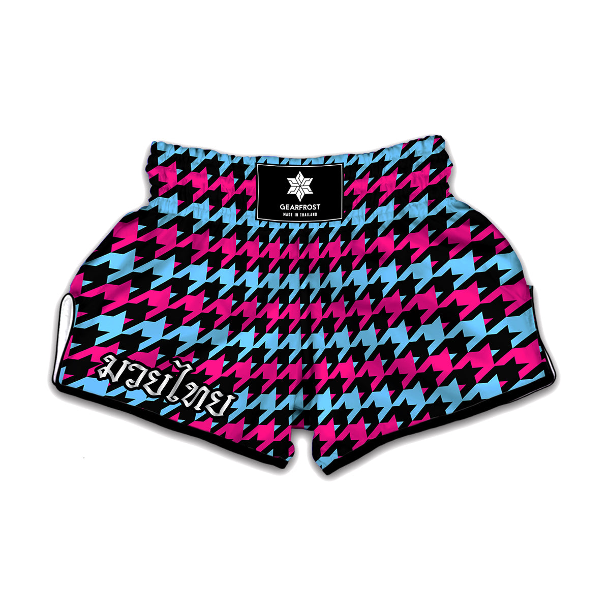 Pink Blue And Black Houndstooth Print Muay Thai Boxing Shorts