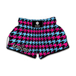 Pink Blue And Black Houndstooth Print Muay Thai Boxing Shorts