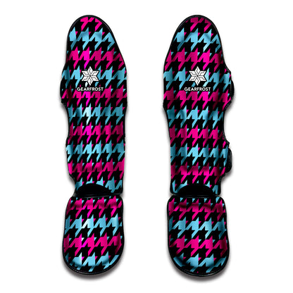 Pink Blue And Black Houndstooth Print Muay Thai Shin Guard