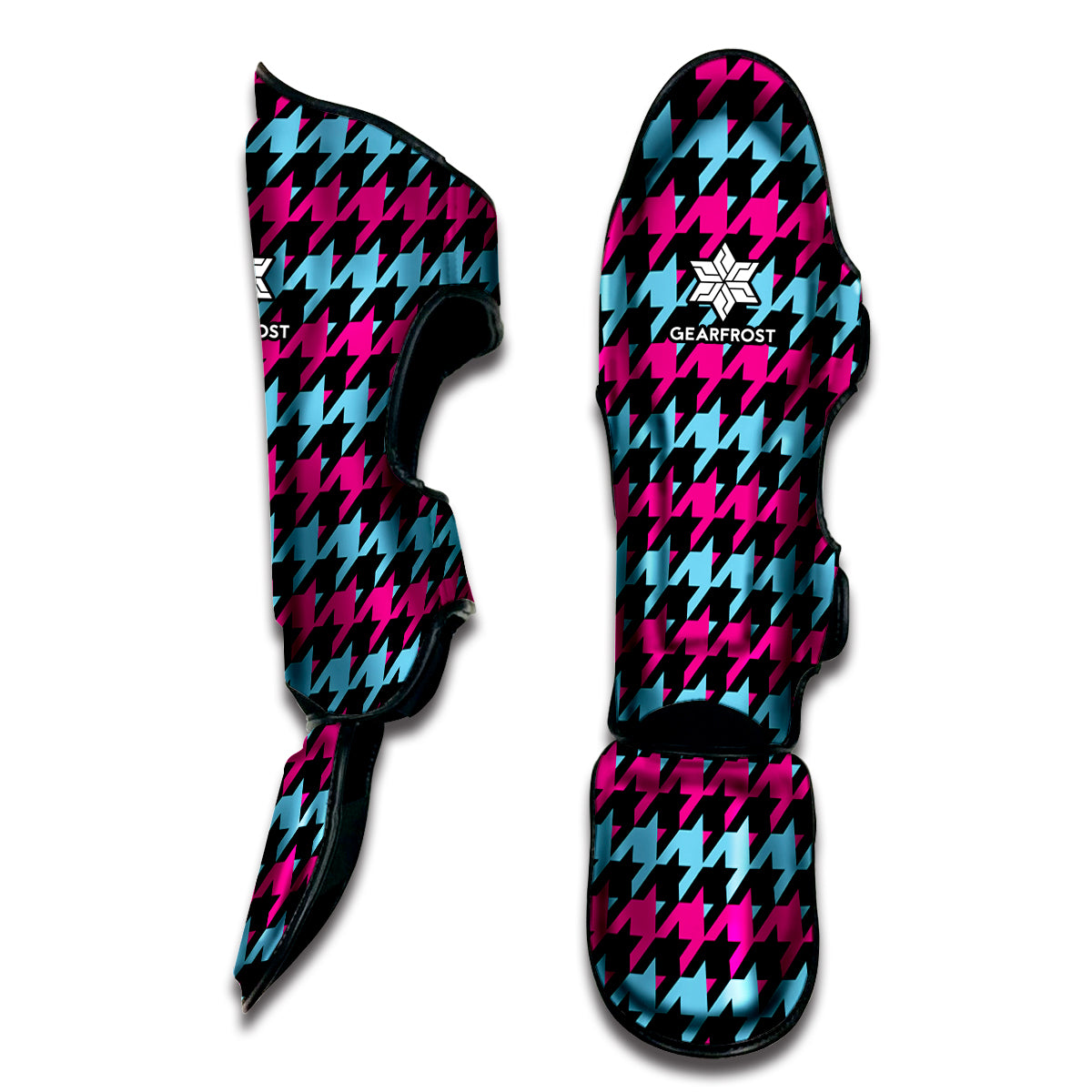 Pink Blue And Black Houndstooth Print Muay Thai Shin Guard