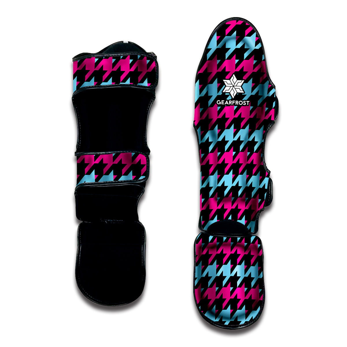 Pink Blue And Black Houndstooth Print Muay Thai Shin Guard