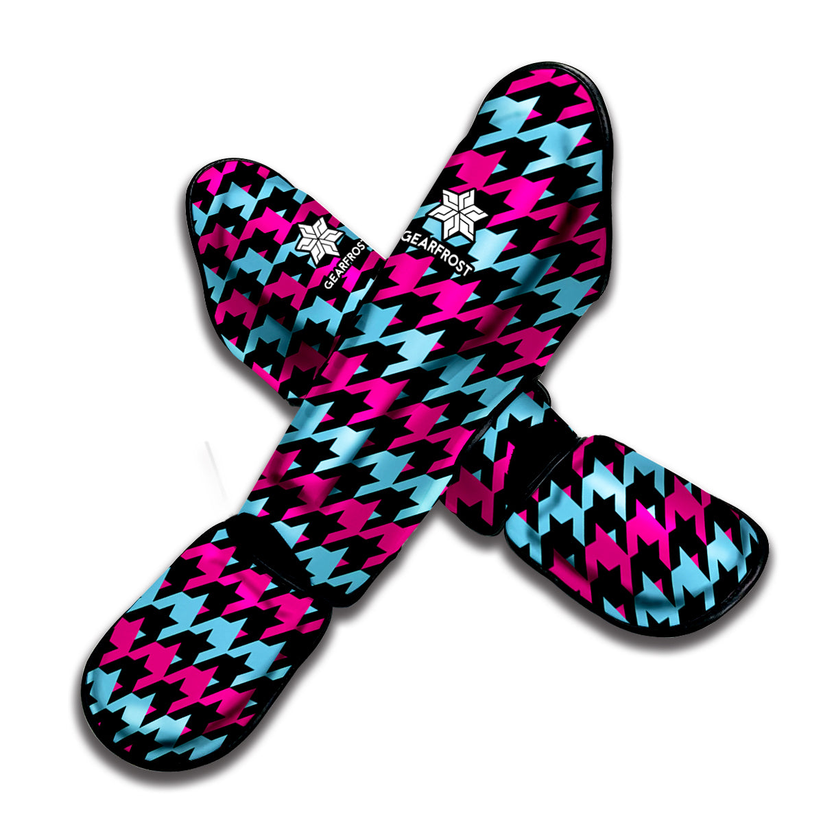 Pink Blue And Black Houndstooth Print Muay Thai Shin Guard