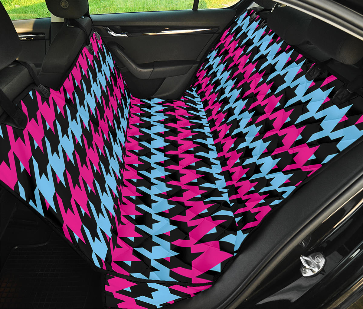 Pink Blue And Black Houndstooth Print Pet Car Back Seat Cover