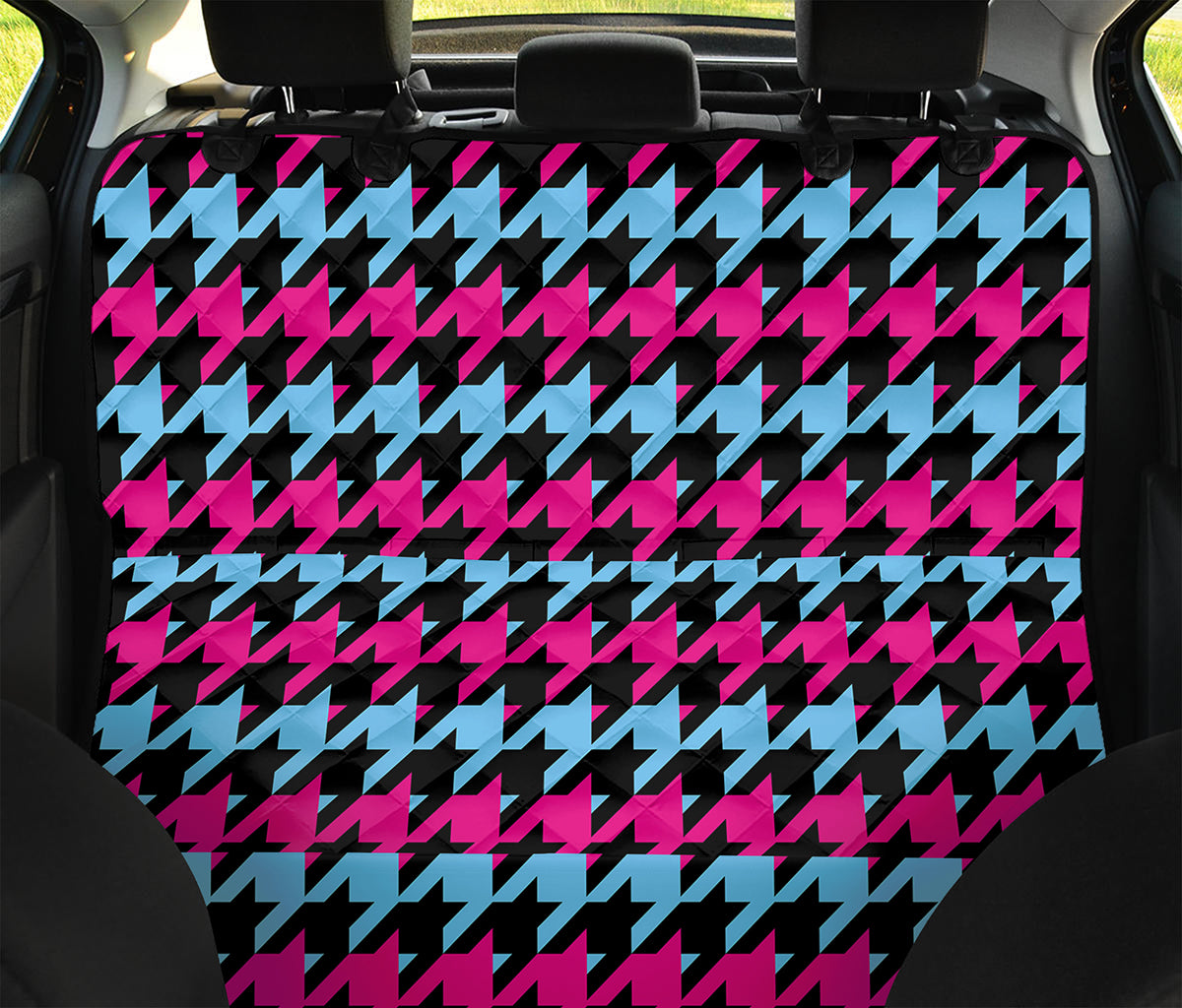 Pink Blue And Black Houndstooth Print Pet Car Back Seat Cover