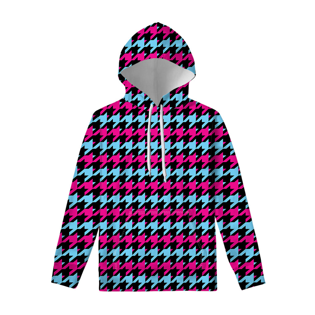 Pink Blue And Black Houndstooth Print Pullover Hoodie
