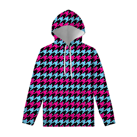 Pink Blue And Black Houndstooth Print Pullover Hoodie