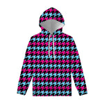 Pink Blue And Black Houndstooth Print Pullover Hoodie