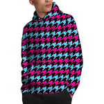 Pink Blue And Black Houndstooth Print Pullover Hoodie