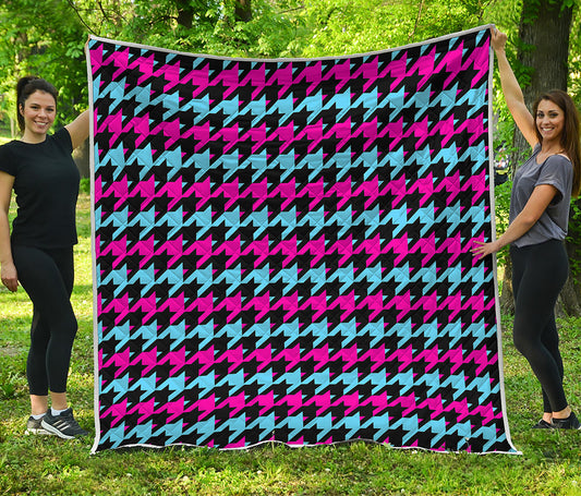 Pink Blue And Black Houndstooth Print Quilt