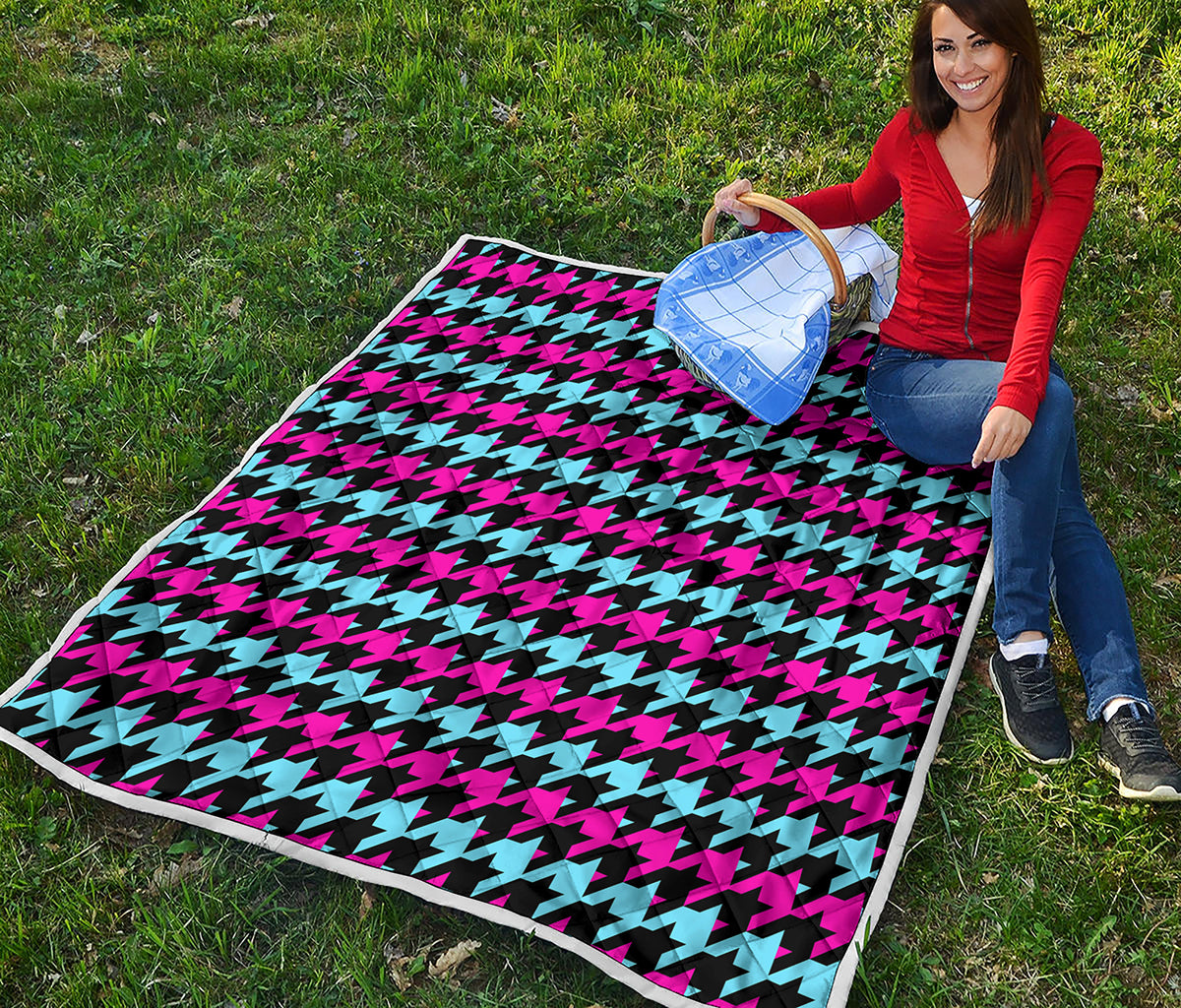Pink Blue And Black Houndstooth Print Quilt