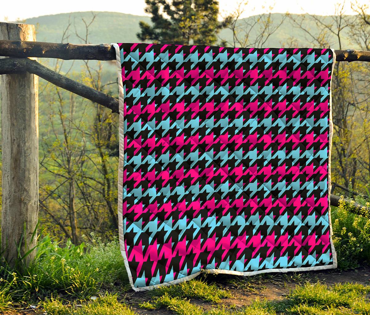 Pink Blue And Black Houndstooth Print Quilt
