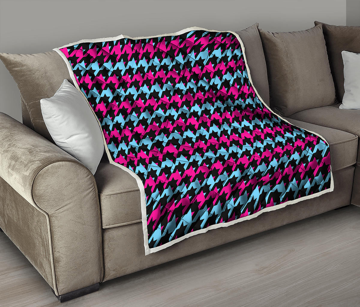 Pink Blue And Black Houndstooth Print Quilt