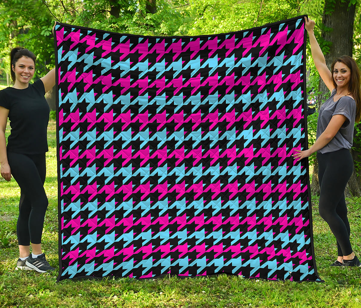 Pink Blue And Black Houndstooth Print Quilt