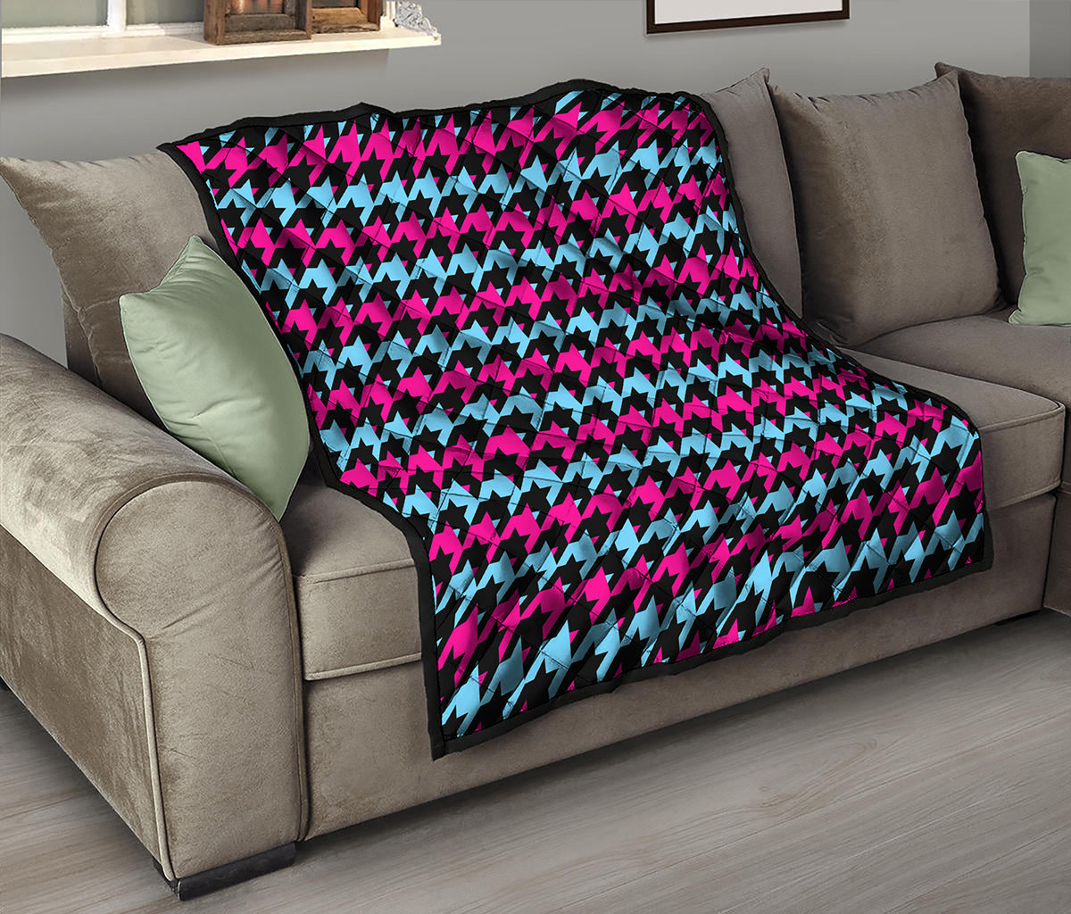 Pink Blue And Black Houndstooth Print Quilt