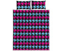 Pink Blue And Black Houndstooth Print Quilt Bed Set