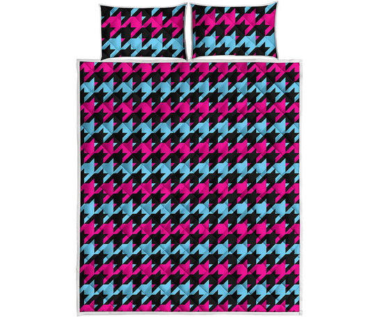 Pink Blue And Black Houndstooth Print Quilt Bed Set