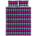 Pink Blue And Black Houndstooth Print Quilt Bed Set