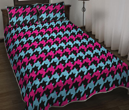 Pink Blue And Black Houndstooth Print Quilt Bed Set