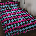 Pink Blue And Black Houndstooth Print Quilt Bed Set