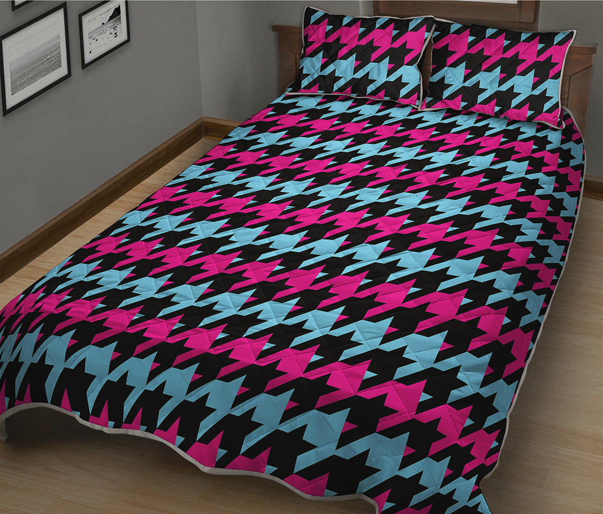 Pink Blue And Black Houndstooth Print Quilt Bed Set