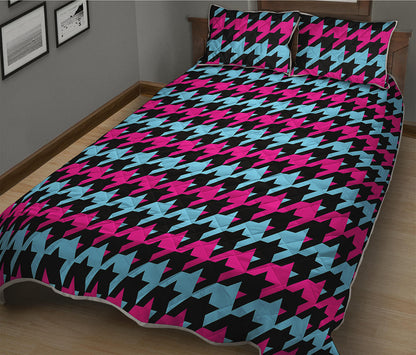 Pink Blue And Black Houndstooth Print Quilt Bed Set