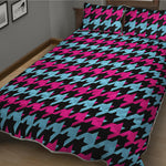 Pink Blue And Black Houndstooth Print Quilt Bed Set