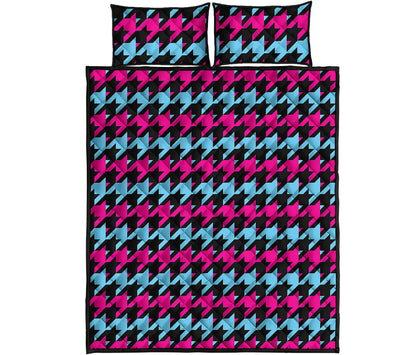 Pink Blue And Black Houndstooth Print Quilt Bed Set