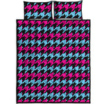Pink Blue And Black Houndstooth Print Quilt Bed Set