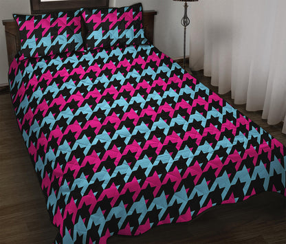 Pink Blue And Black Houndstooth Print Quilt Bed Set