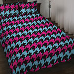 Pink Blue And Black Houndstooth Print Quilt Bed Set