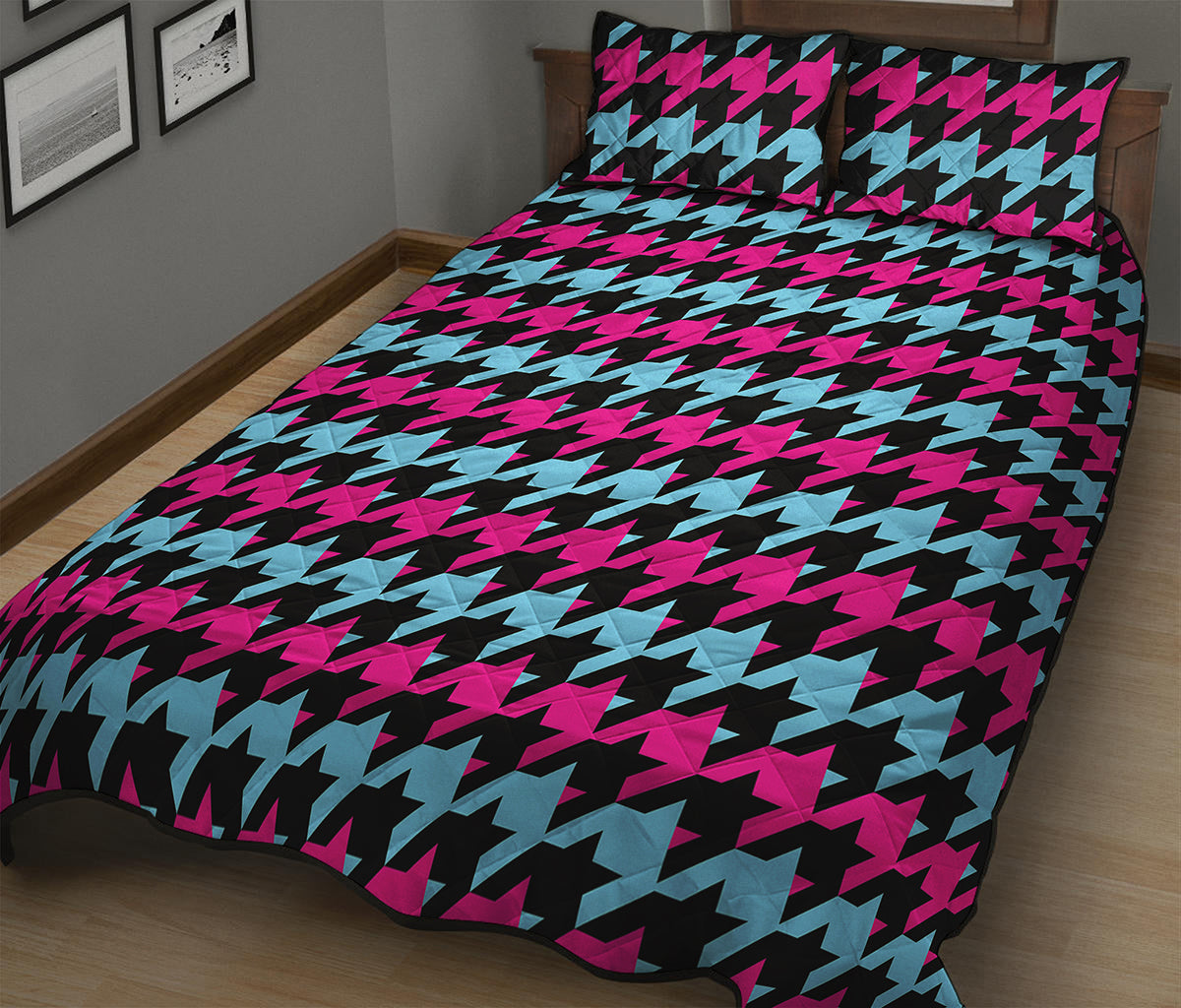 Pink Blue And Black Houndstooth Print Quilt Bed Set