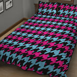 Pink Blue And Black Houndstooth Print Quilt Bed Set