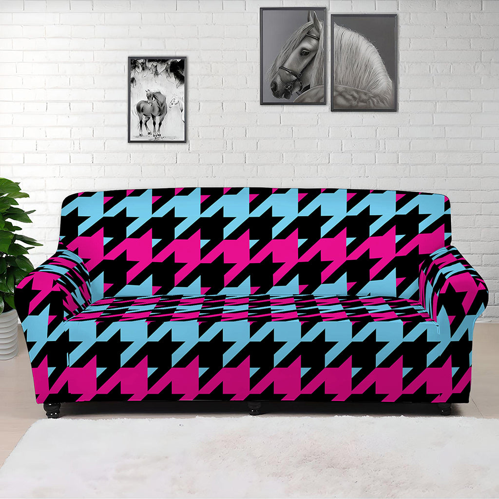 Pink Blue And Black Houndstooth Print Sofa Cover