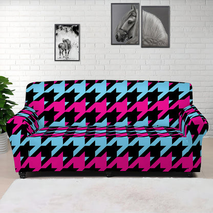 Pink Blue And Black Houndstooth Print Sofa Cover