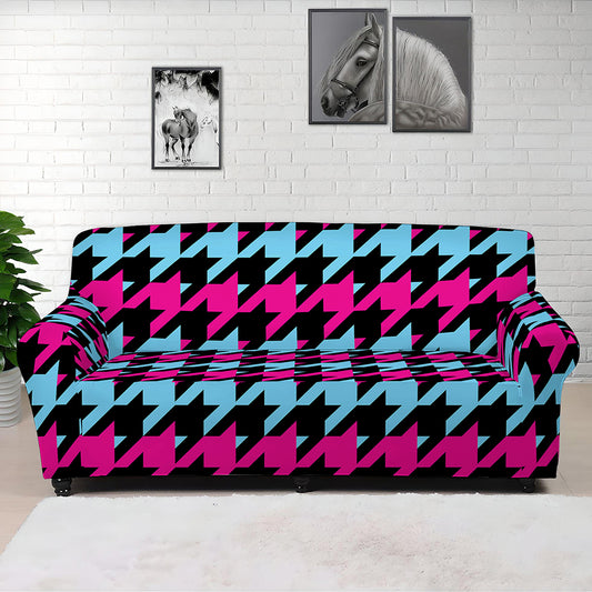 Pink Blue And Black Houndstooth Print Sofa Cover