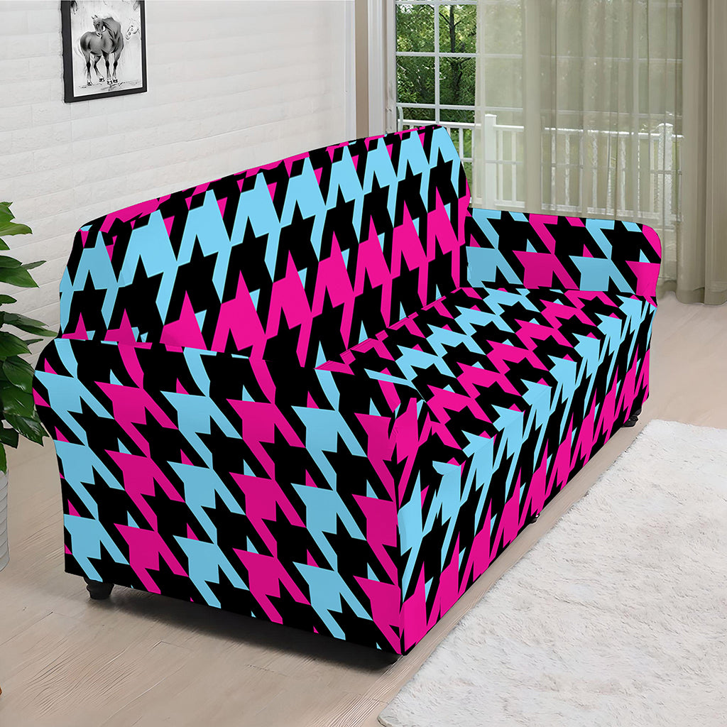 Pink Blue And Black Houndstooth Print Sofa Cover