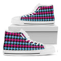 Pink Blue And Black Houndstooth Print White High Top Sneakers