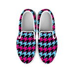 Pink Blue And Black Houndstooth Print White Slip On Shoes