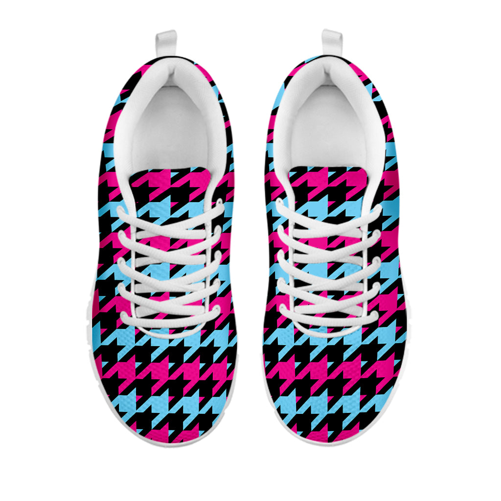 Pink Blue And Black Houndstooth Print White Sneakers