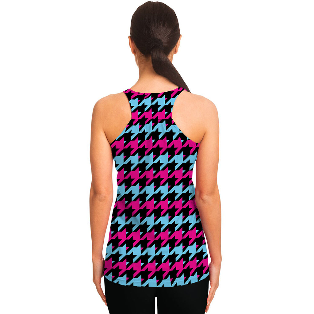 Pink Blue And Black Houndstooth Print Women's Racerback Tank Top