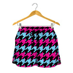 Pink Blue And Black Houndstooth Print Women's Shorts