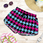 Pink Blue And Black Houndstooth Print Women's Shorts