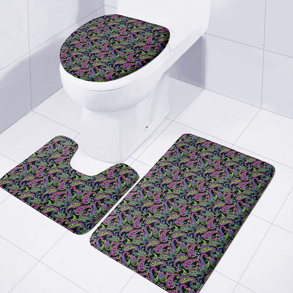 Pink Blue And Green Paisley Print 3 Piece Bath Mat Set