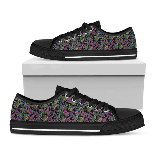 Pink Blue And Green Paisley Print Black Low Top Shoes