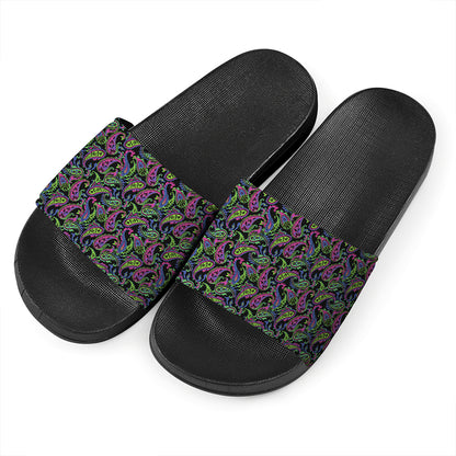 Pink Blue And Green Paisley Print Black Slide Sandals