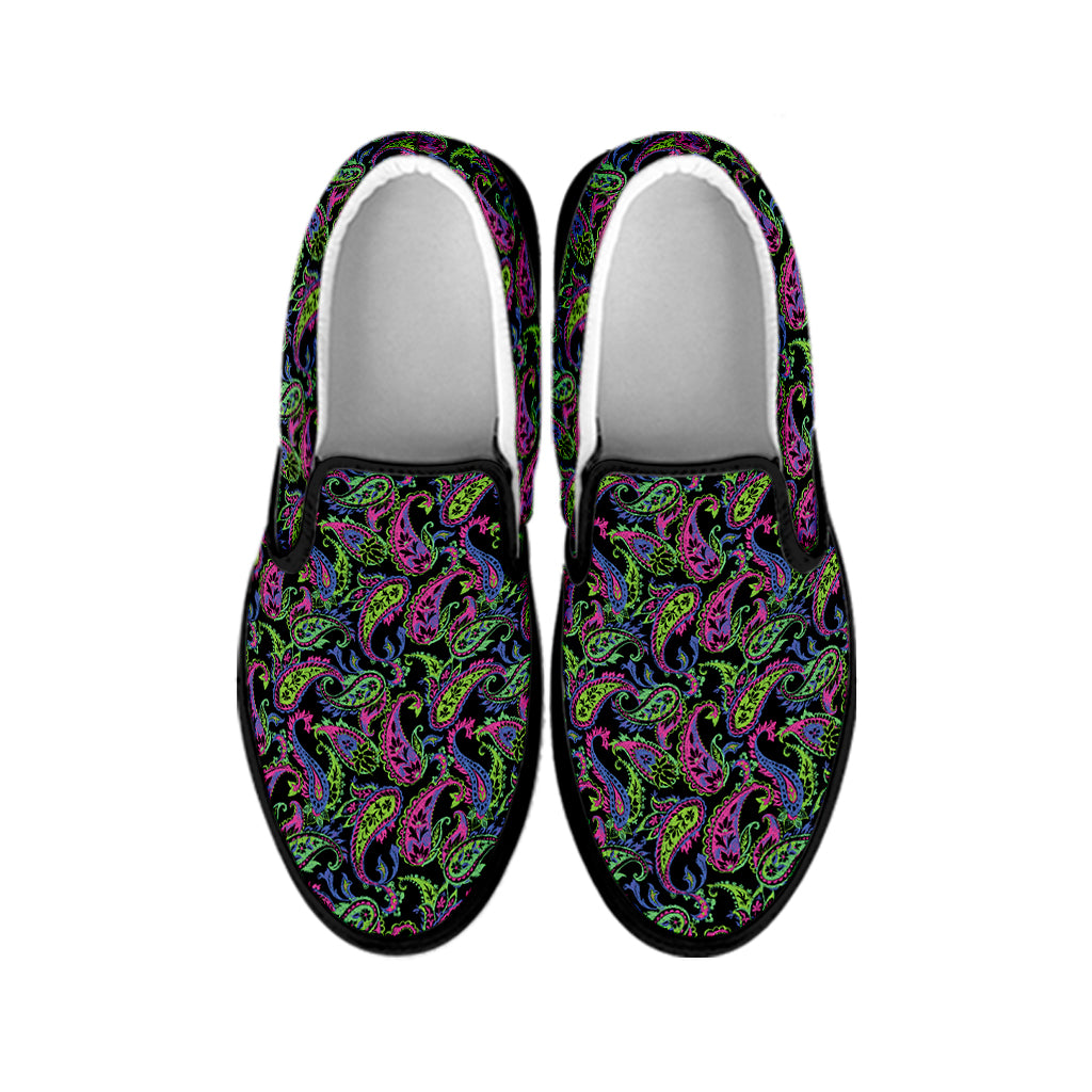 Pink Blue And Green Paisley Print Black Slip On Shoes